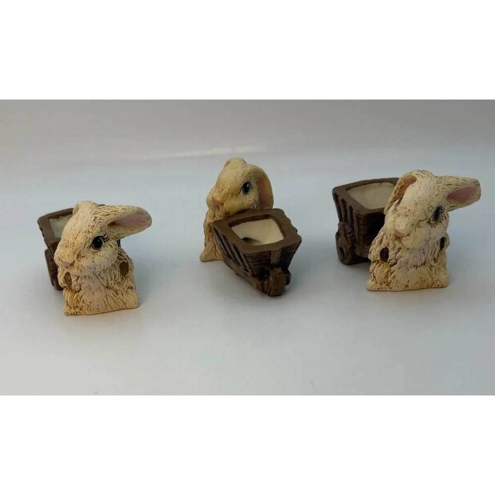 Lot of Three Rabbit Figurines‎ Stone Resin Ceramic Brown Tan Small Wheelbarrow